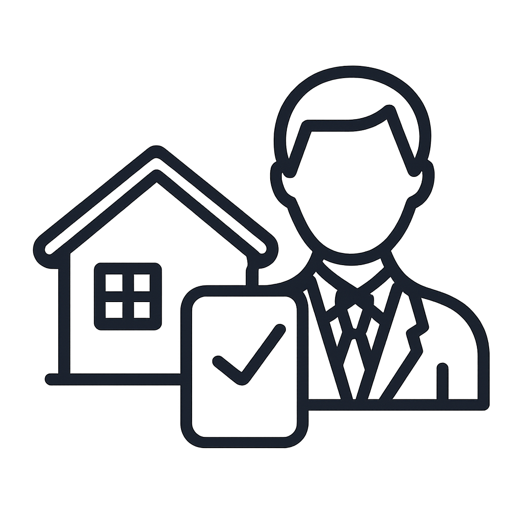 An outline of a man in a suit pointing to a house, indicating an image that contains real estate listings.